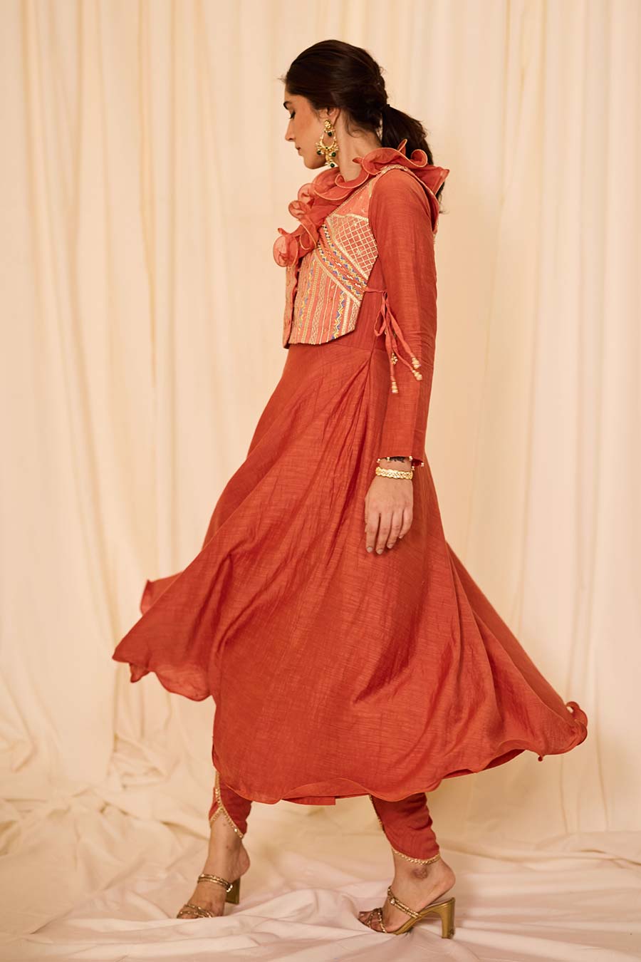 Peach Embroidered Anarkali & Pant With Jacket Set