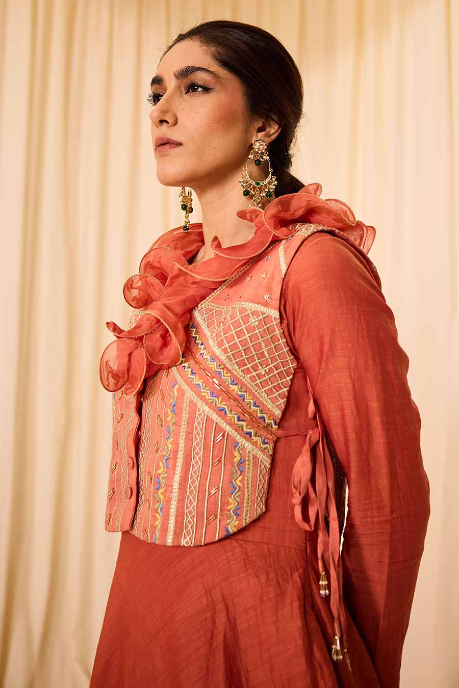 Peach Embroidered Anarkali & Pant With Jacket Set
