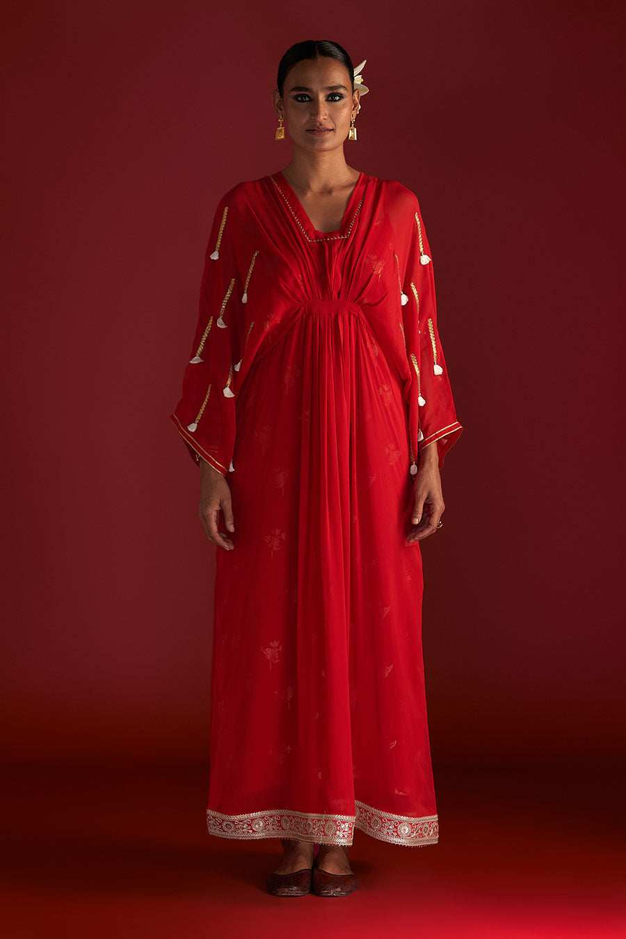 Red Gota Embroidered Kaftan With Slip Dress