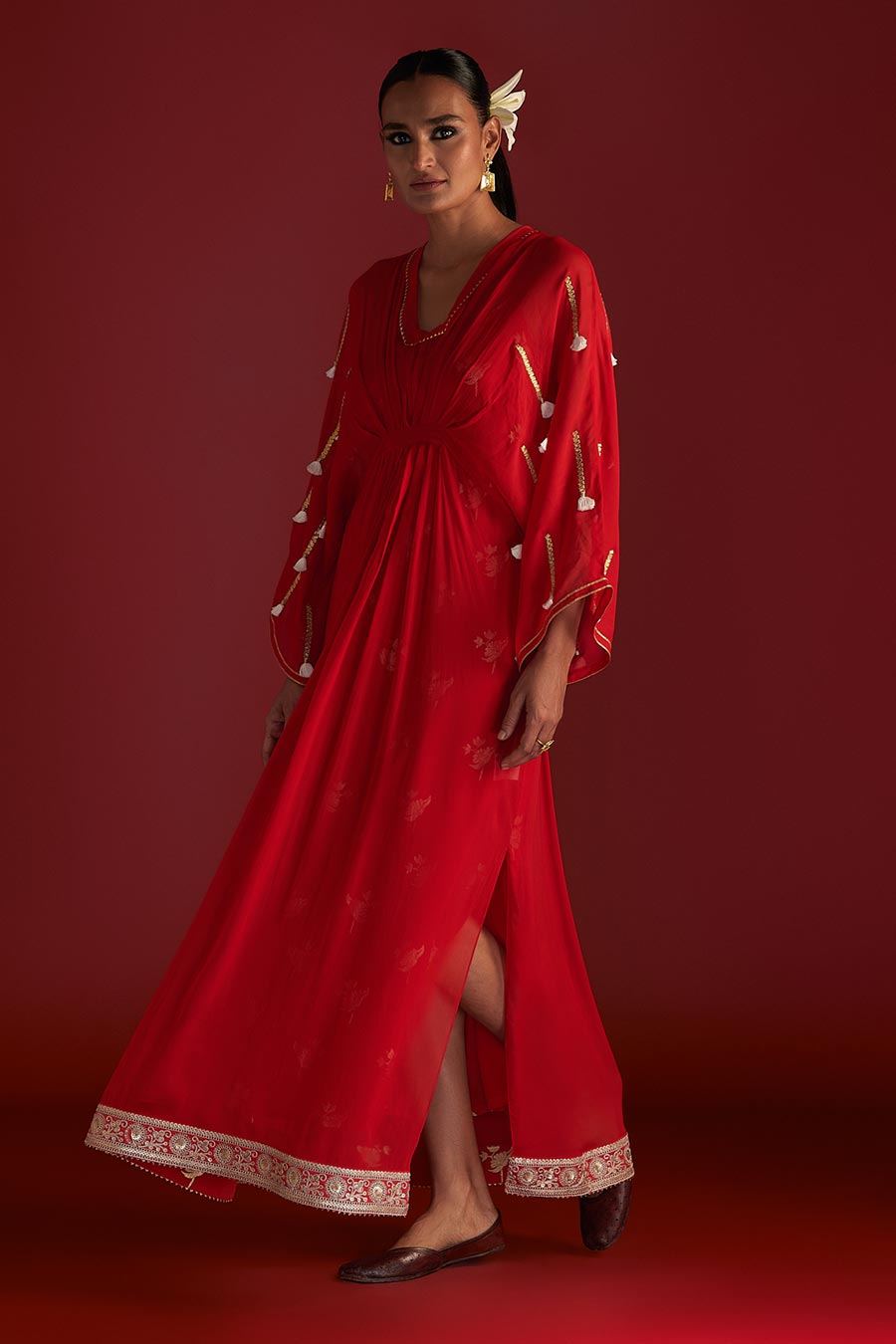 Red Gota Embroidered Kaftan With Slip Dress