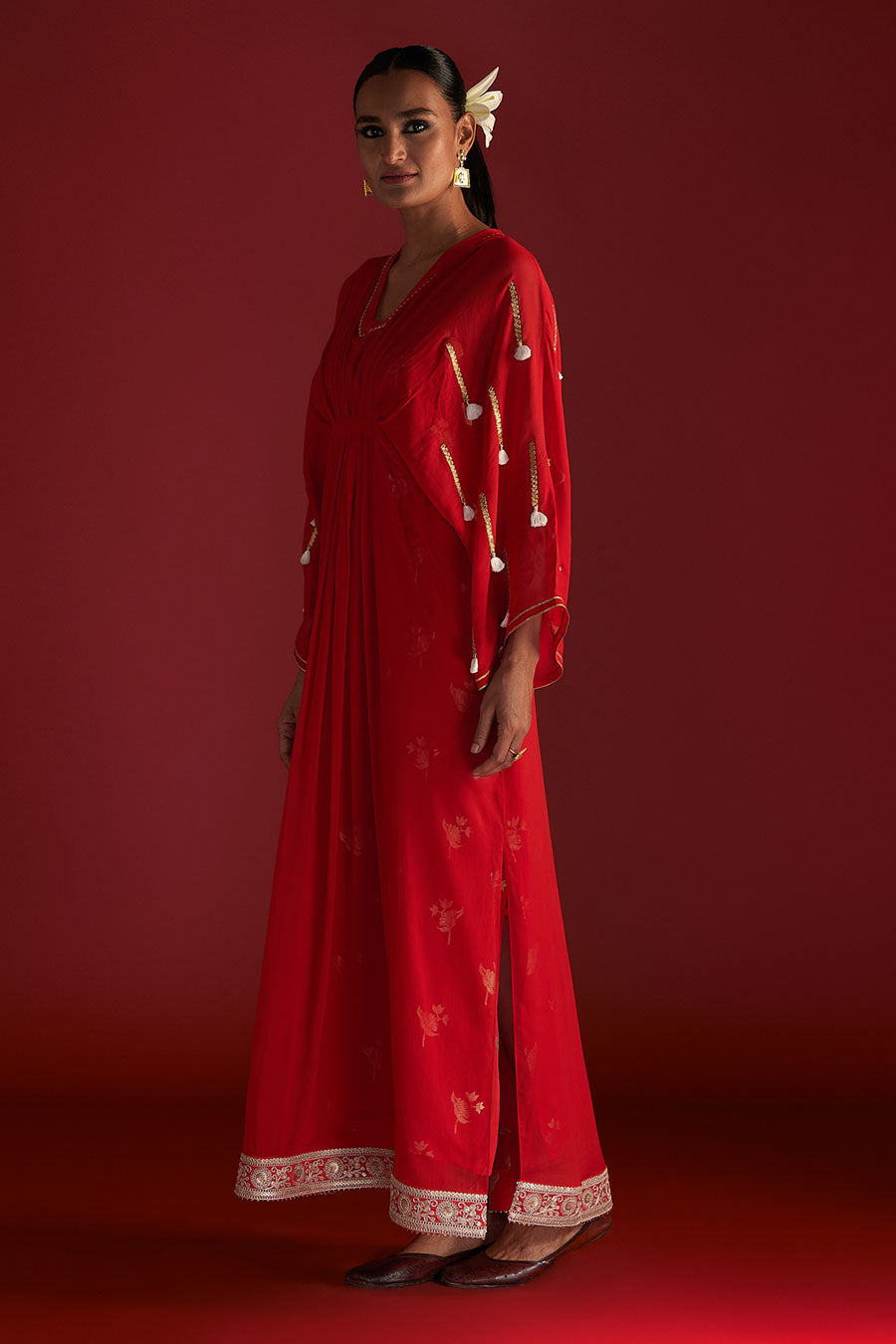 Red Gota Embroidered Kaftan With Slip Dress