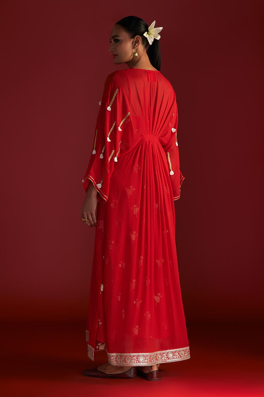 Red Gota Embroidered Kaftan With Slip Dress