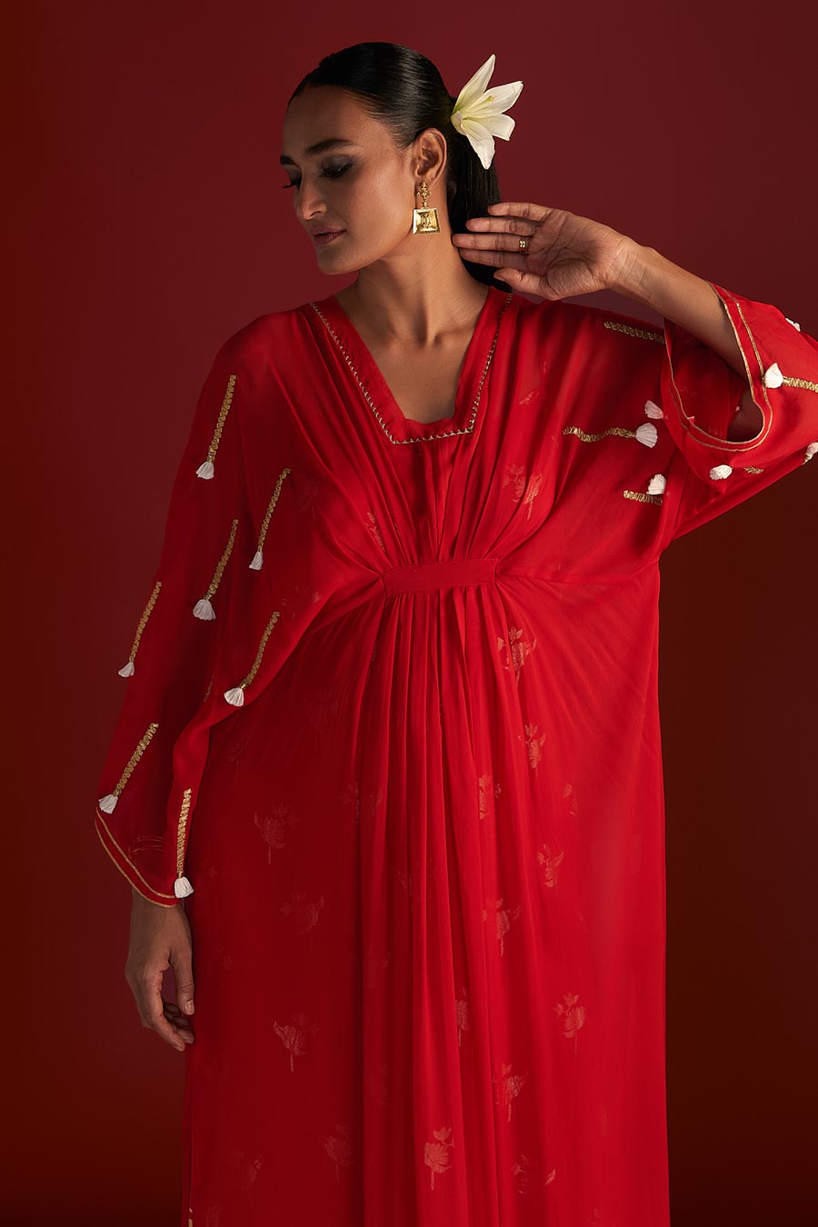 Red Gota Embroidered Kaftan With Slip Dress