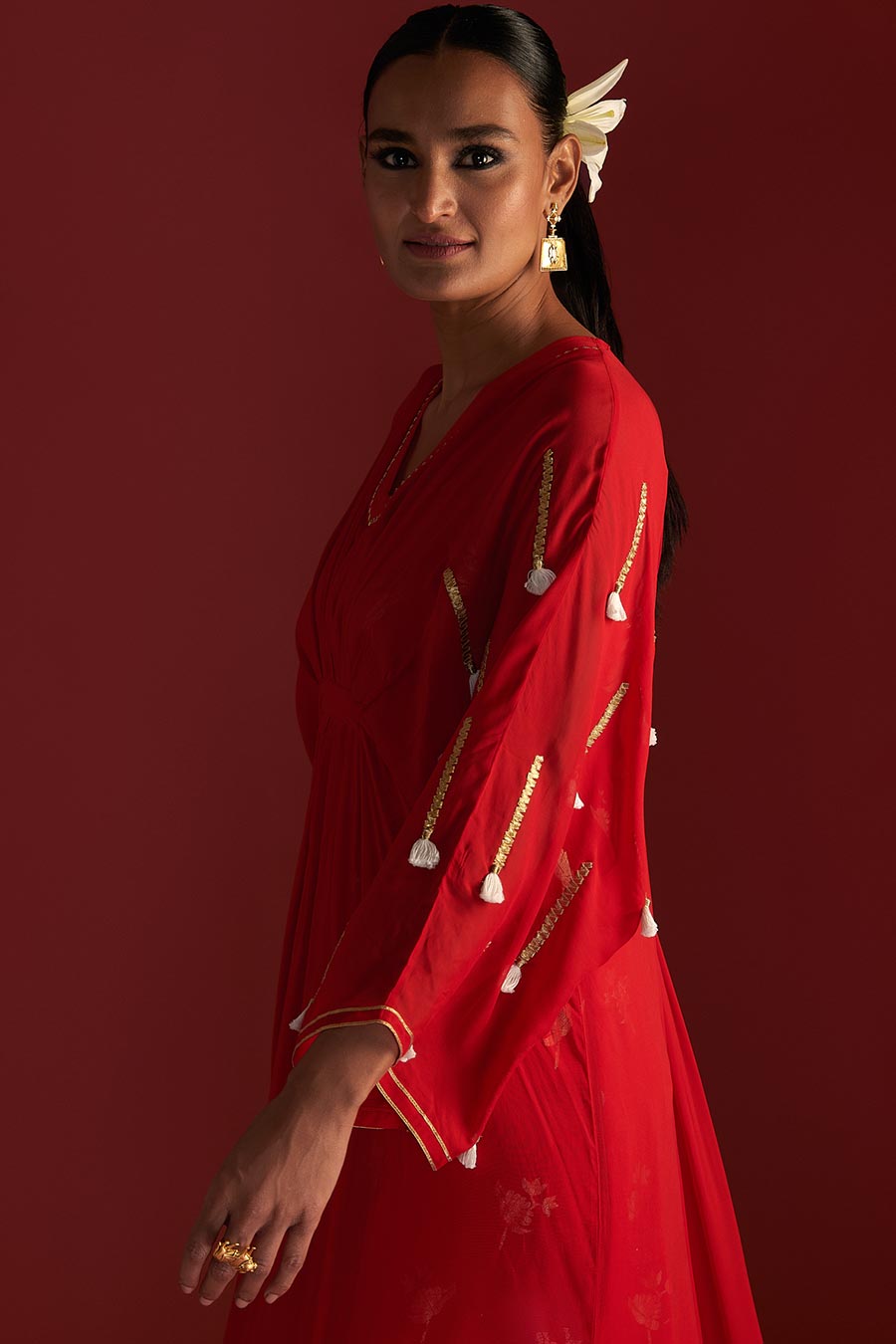 Red Gota Embroidered Kaftan With Slip Dress