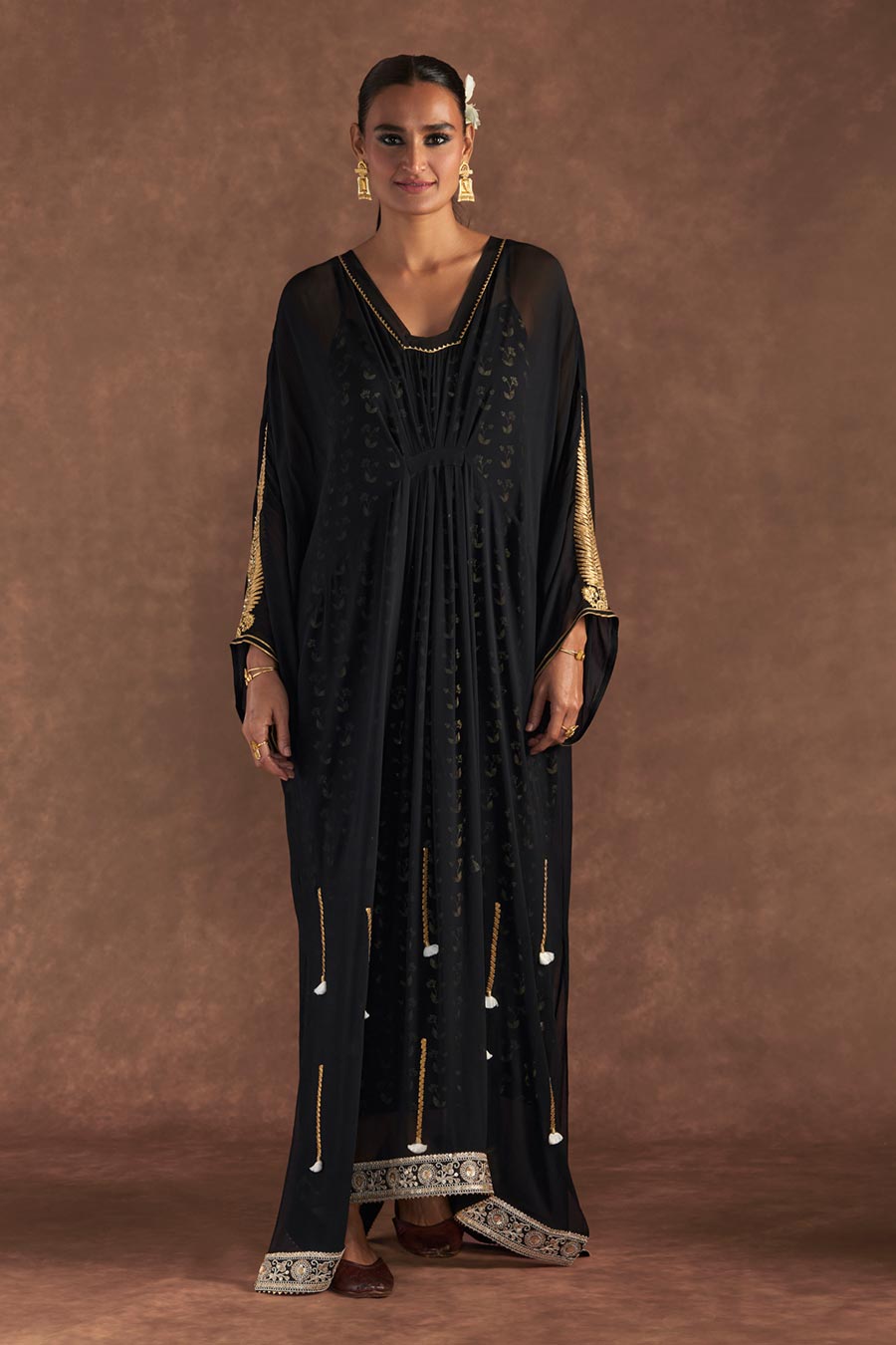 Black Gota Embroidered Kaftan With Slip Dress