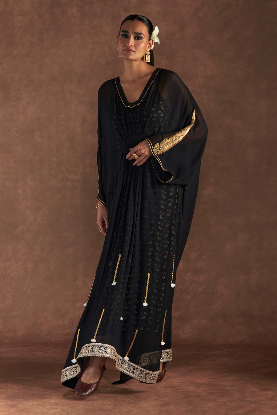 Black Gota Embroidered Kaftan With Slip Dress