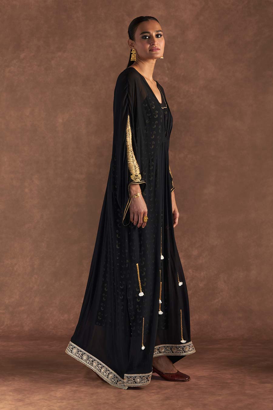 Black Gota Embroidered Kaftan With Slip Dress