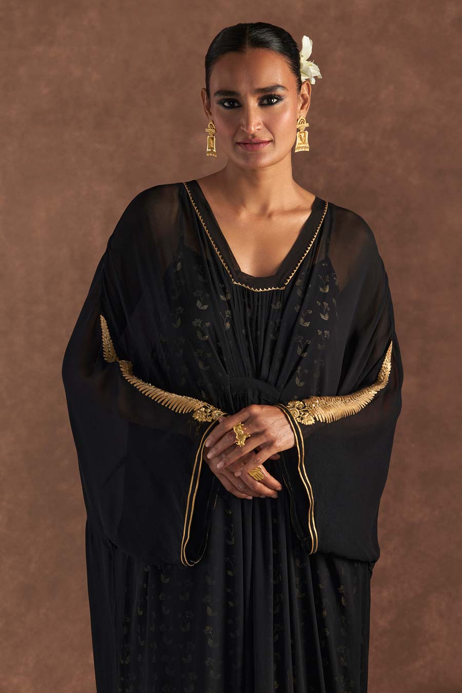 Black Gota Embroidered Kaftan With Slip Dress