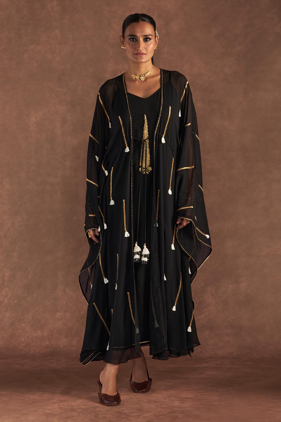 Black 'Paan-Patti' Overlay Kaftan With Slip Dress