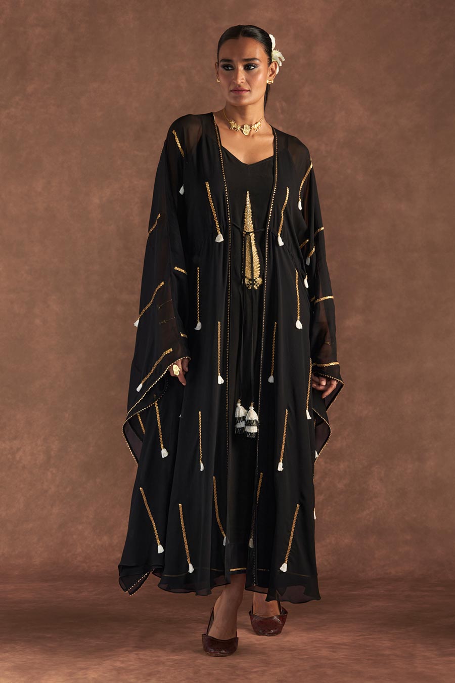 Black 'Paan-Patti' Overlay Kaftan With Slip Dress