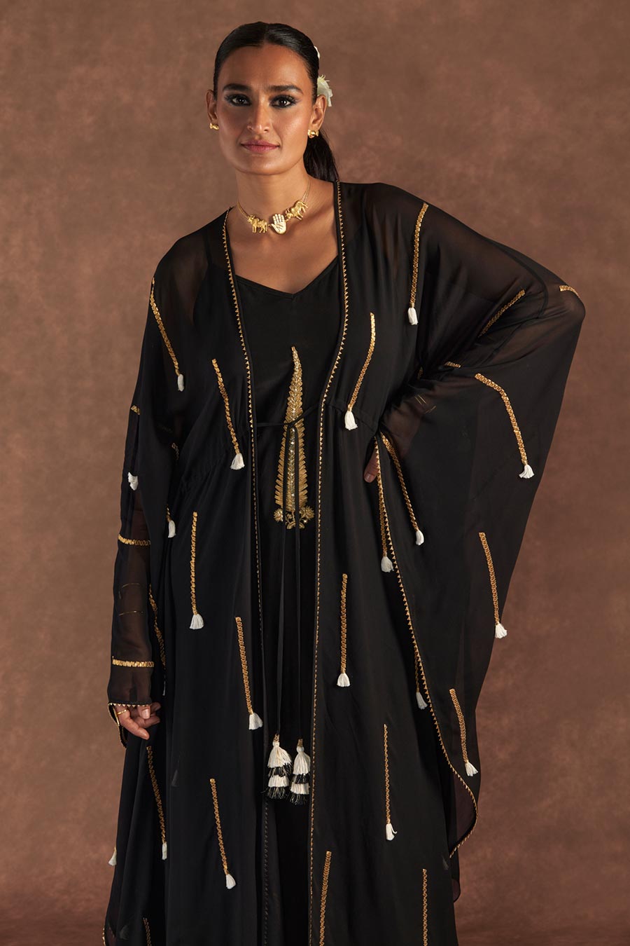Black 'Paan-Patti' Overlay Kaftan With Slip Dress
