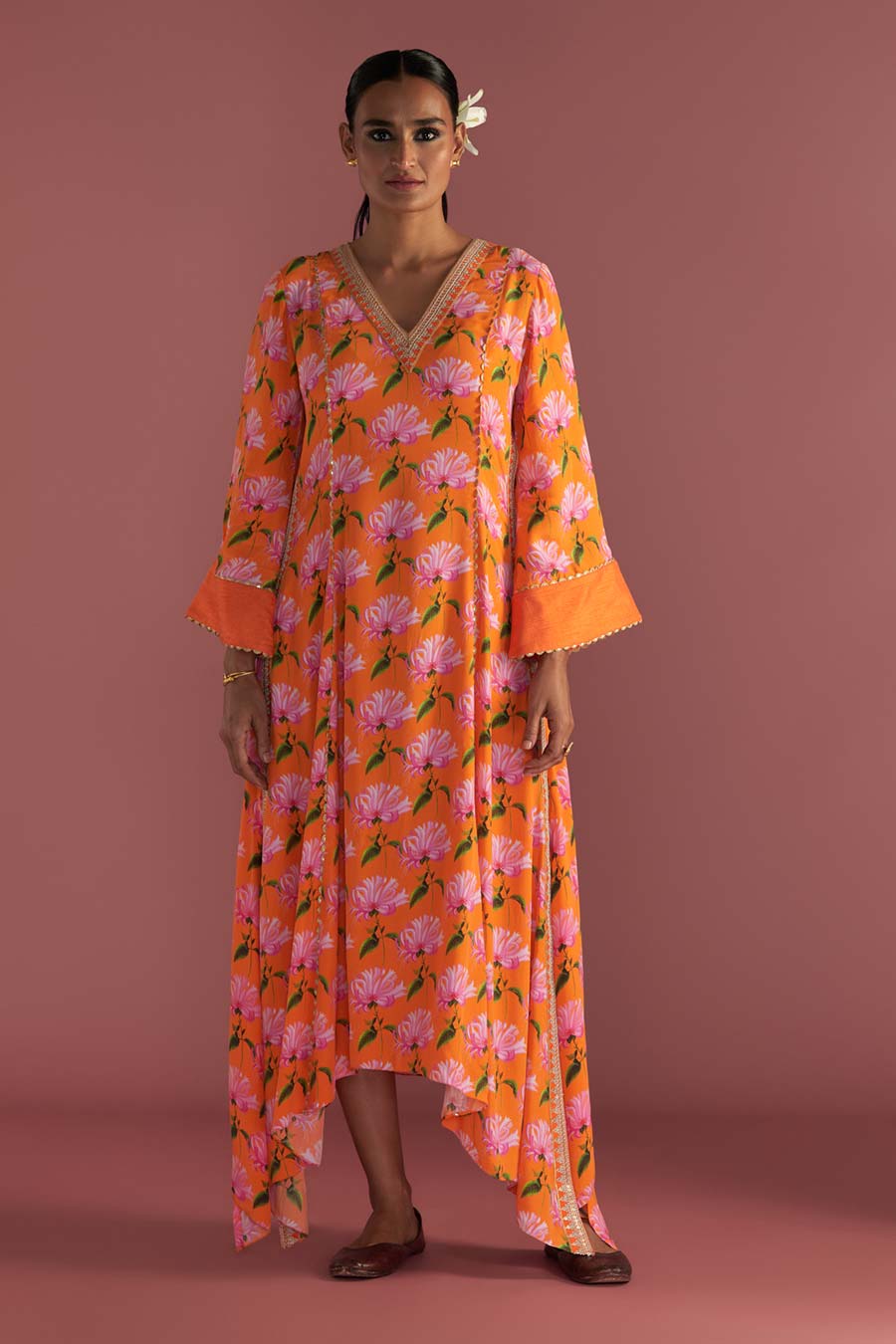 Orange Mist Print Embroidered Kaftan