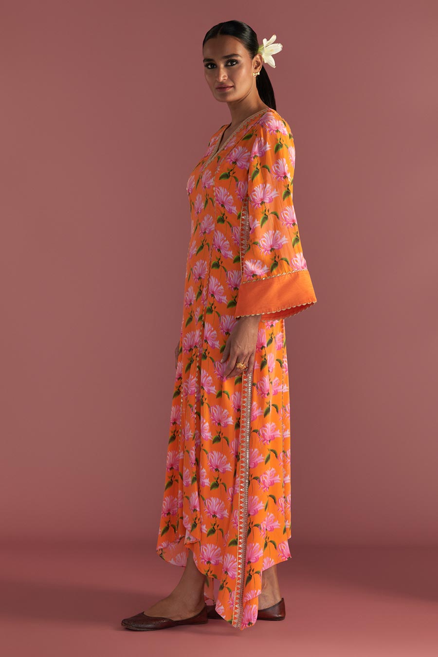 Orange Mist Print Embroidered Kaftan