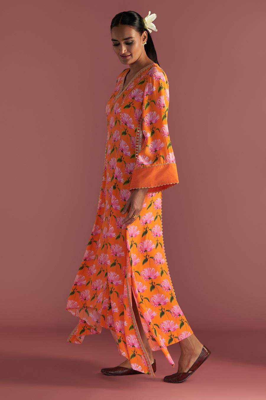 Orange Mist Print Embroidered Kaftan