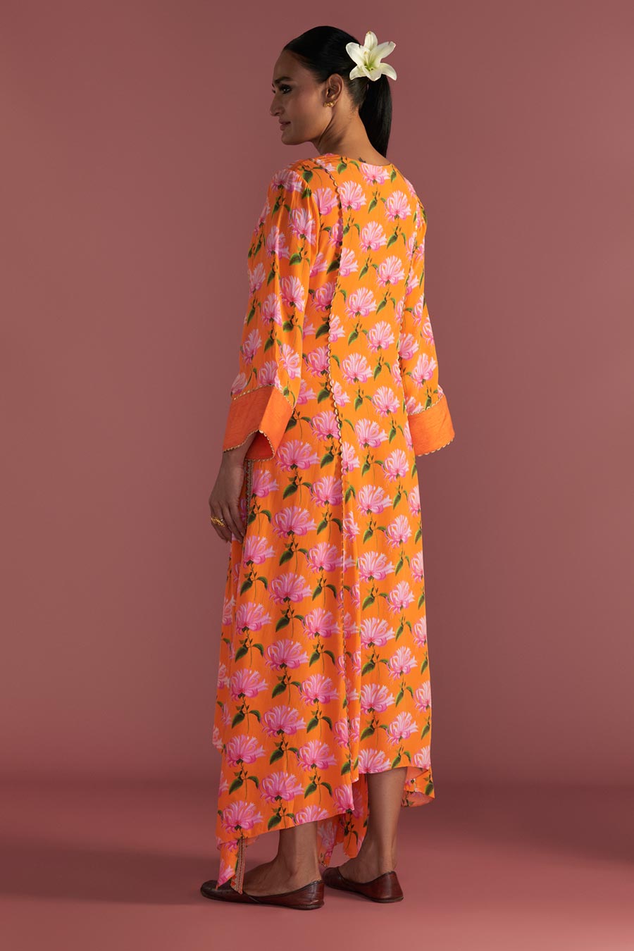 Orange Mist Print Embroidered Kaftan