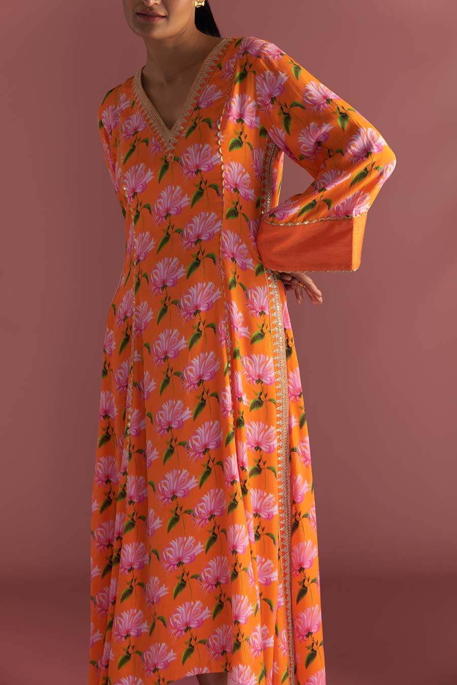 Orange Mist Print Embroidered Kaftan