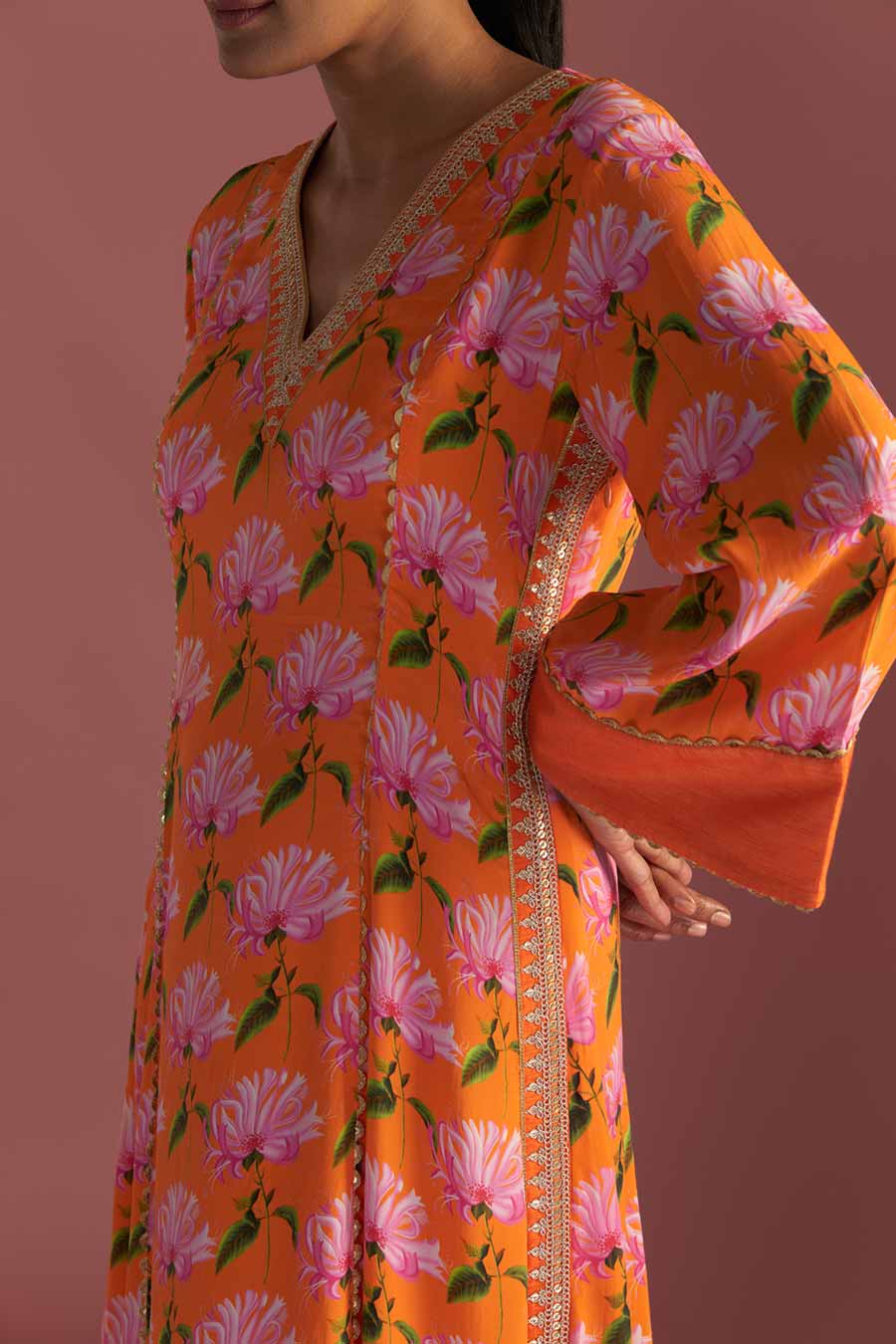 Orange Mist Print Embroidered Kaftan