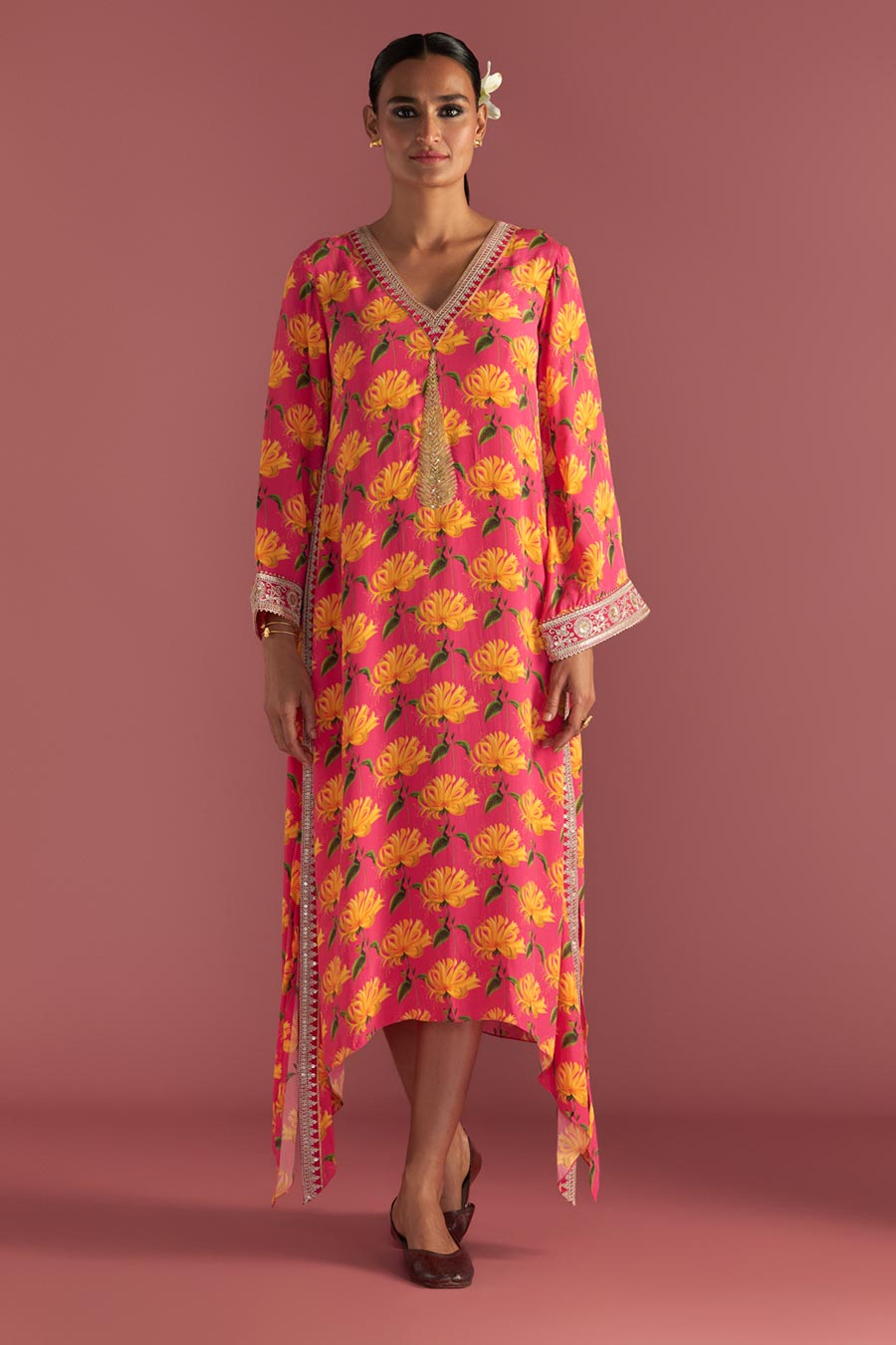 Berry Pink Mist Print Embroidered Kaftan