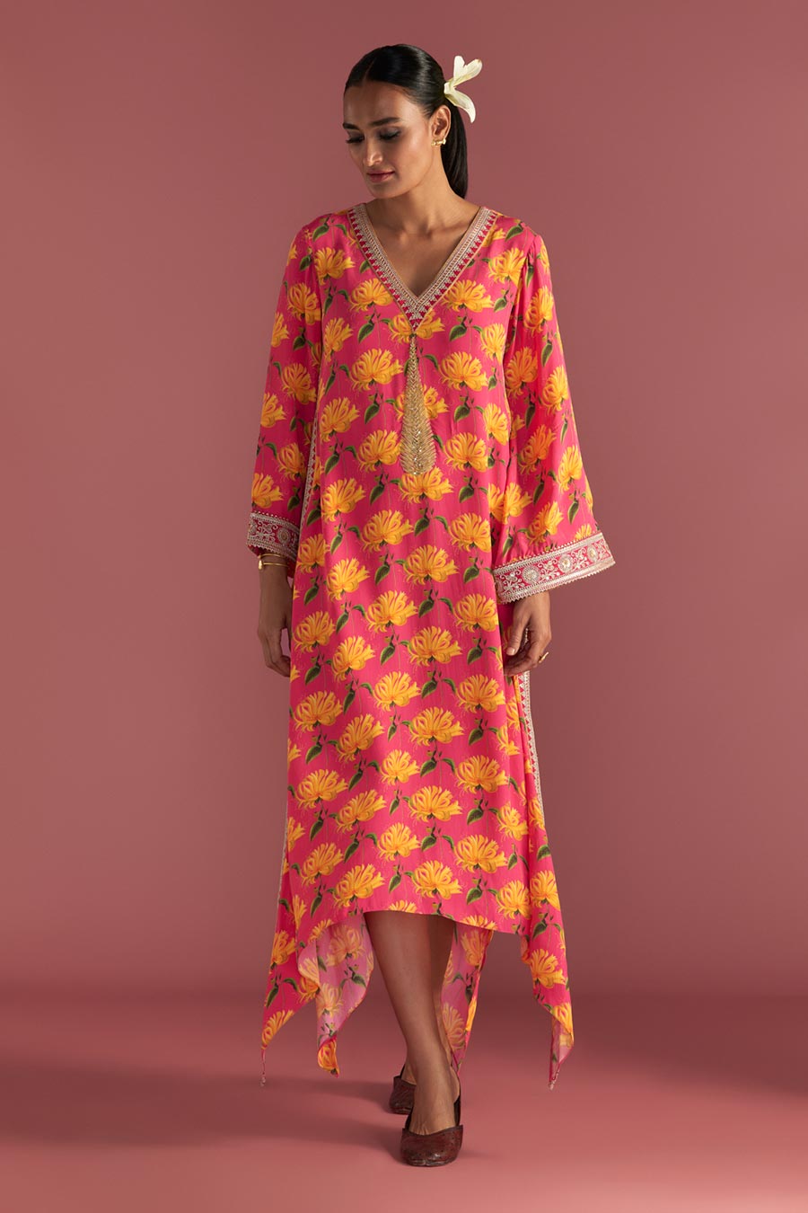 Berry Pink Mist Print Embroidered Kaftan