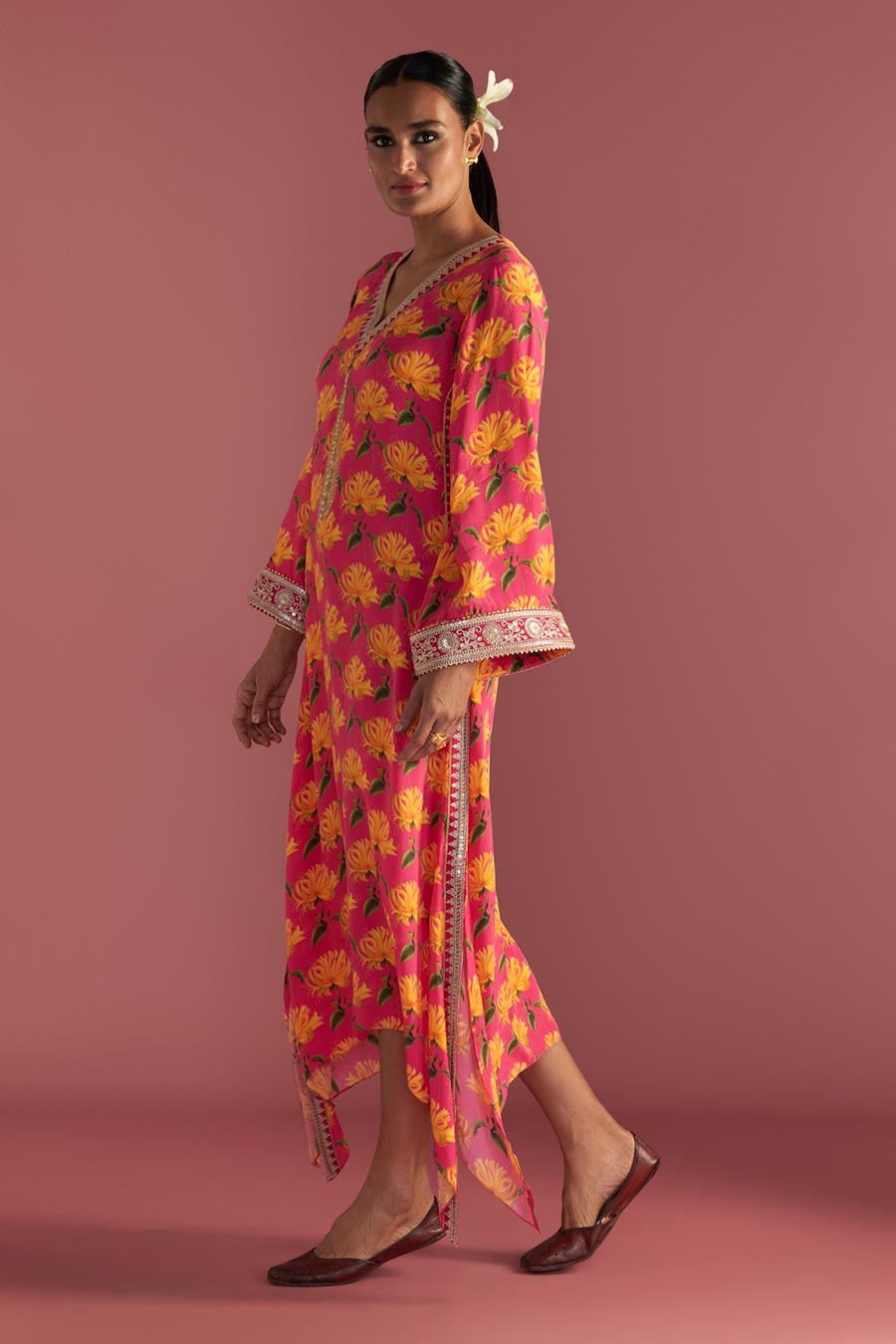 Berry Pink Mist Print Embroidered Kaftan