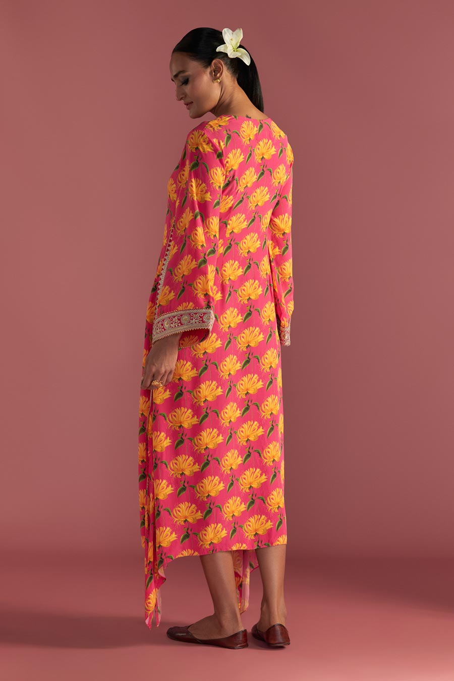 Berry Pink Mist Print Embroidered Kaftan