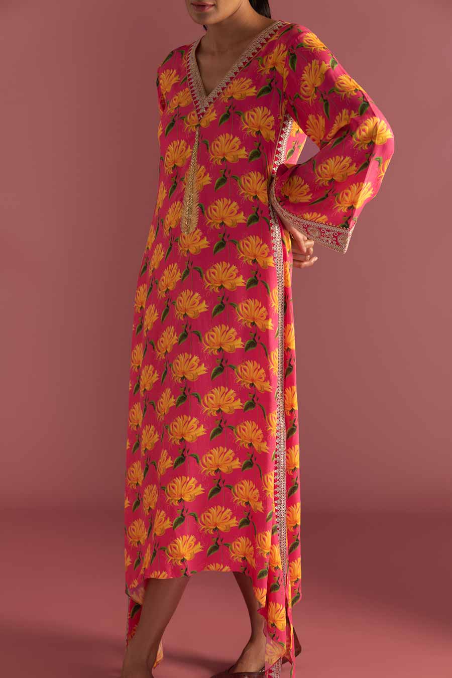 Berry Pink Mist Print Embroidered Kaftan