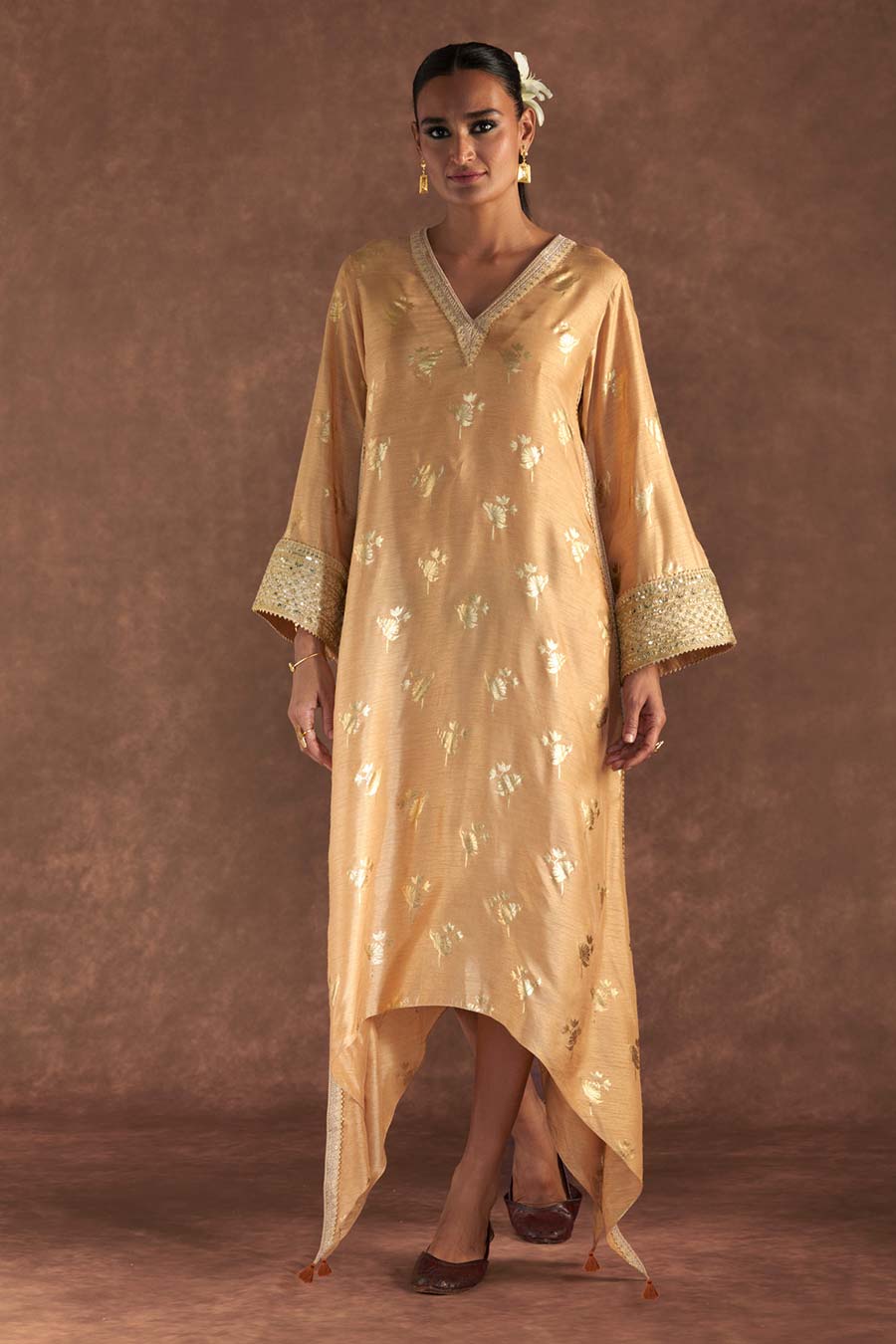 Beige Irisbud Foil Print Embroidered Kaftan