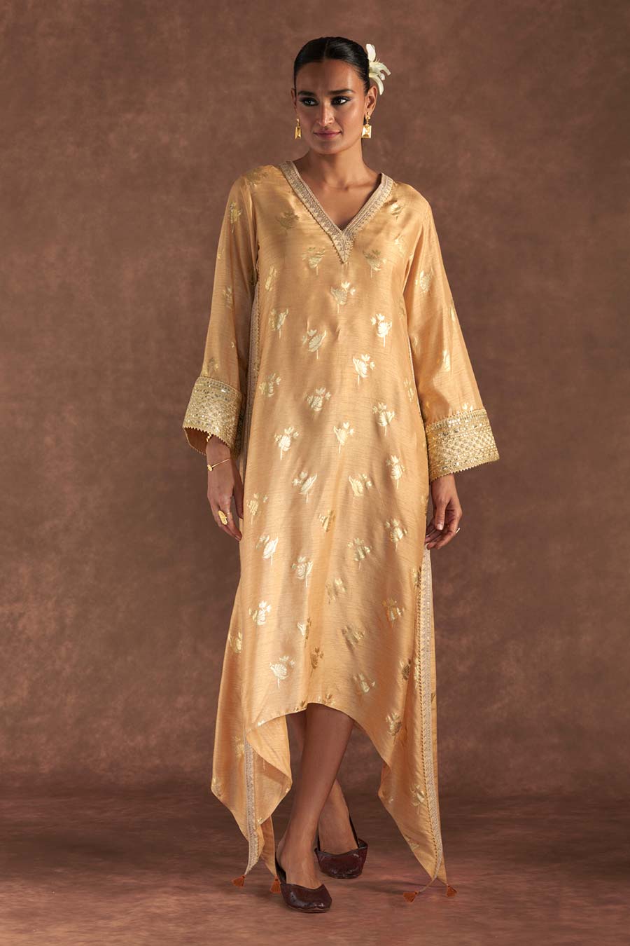 Beige Irisbud Foil Print Embroidered Kaftan