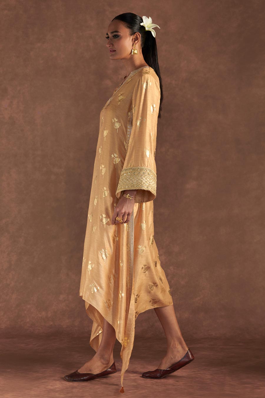 Beige Irisbud Foil Print Embroidered Kaftan