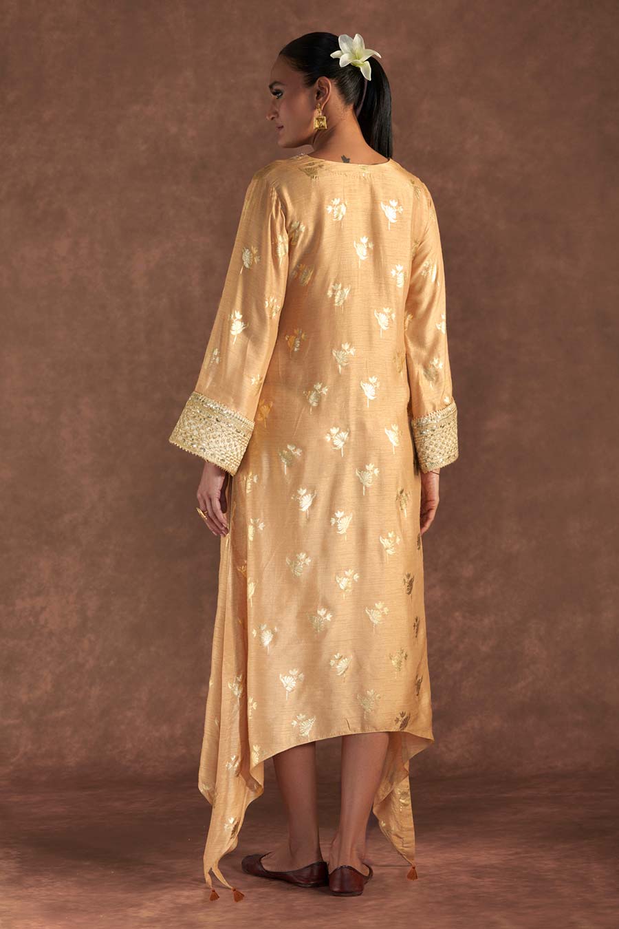 Beige Irisbud Foil Print Embroidered Kaftan