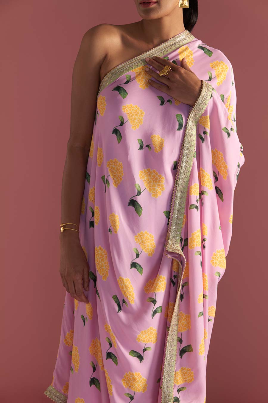 Pink Honeycomb Embroidered One-Shoulder Kaftan