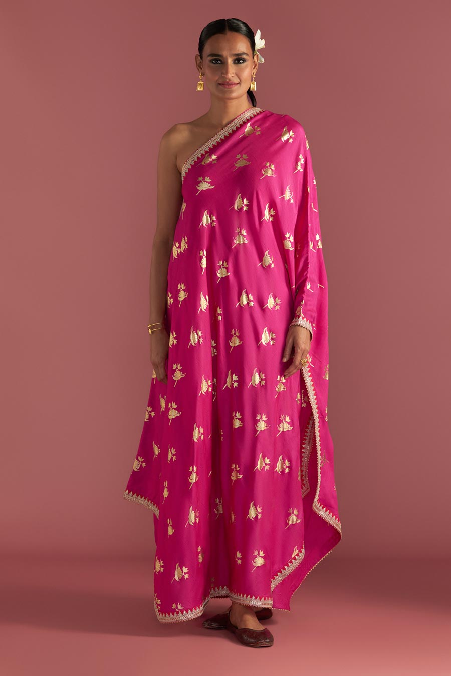 Magenta Irisbud One-Shoulder Embroidered Kaftan