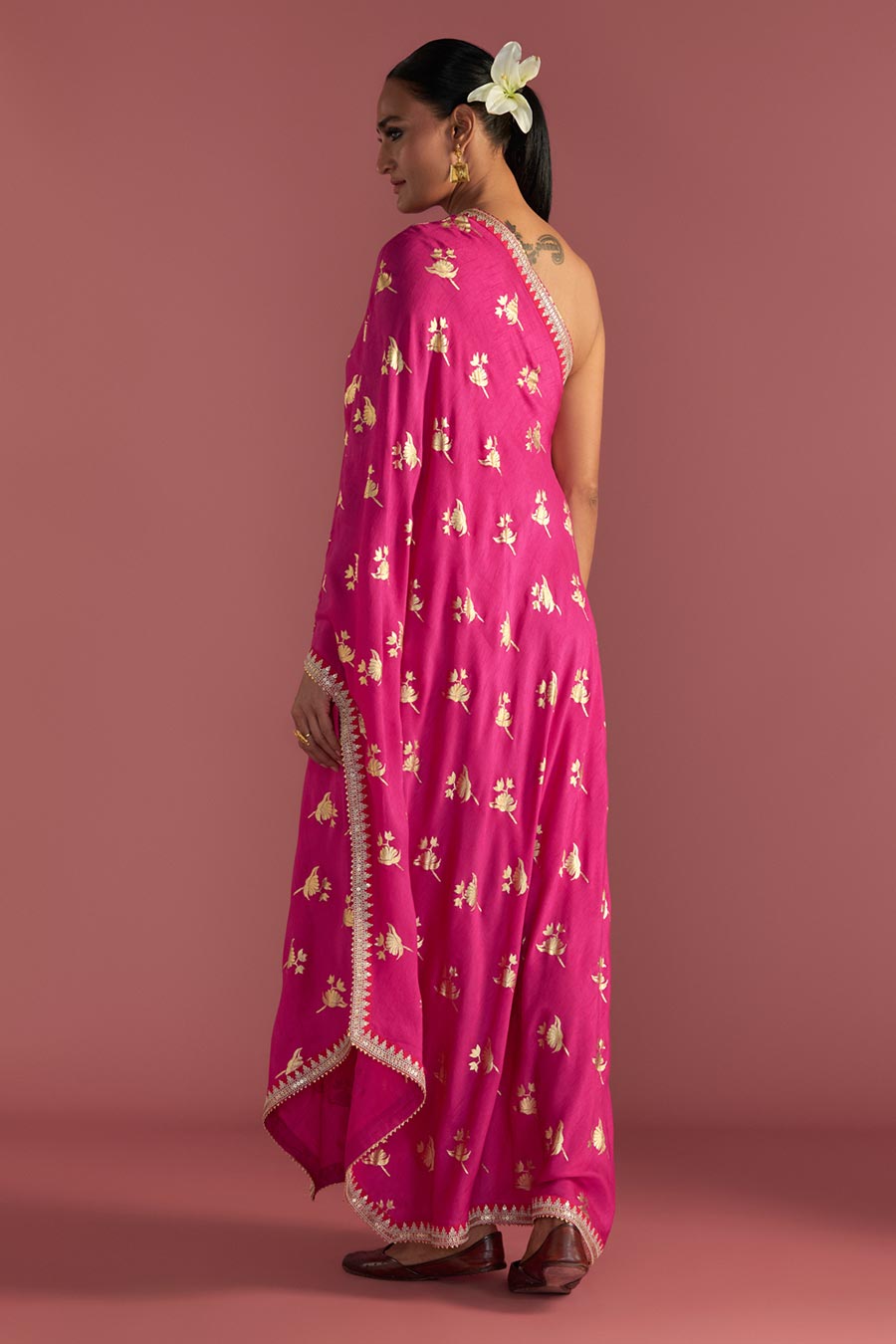 Magenta Irisbud One-Shoulder Embroidered Kaftan