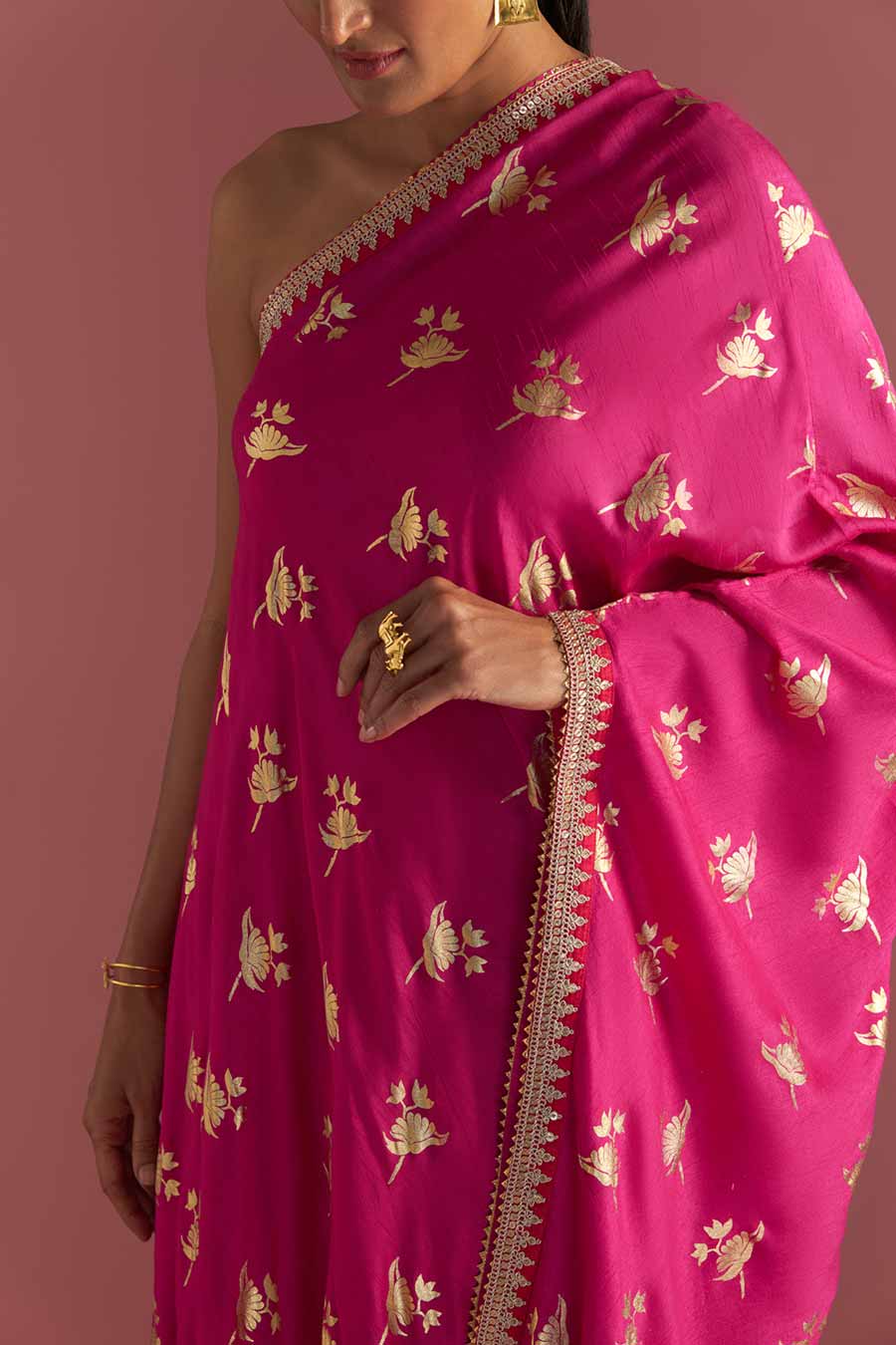 Magenta Irisbud One-Shoulder Embroidered Kaftan