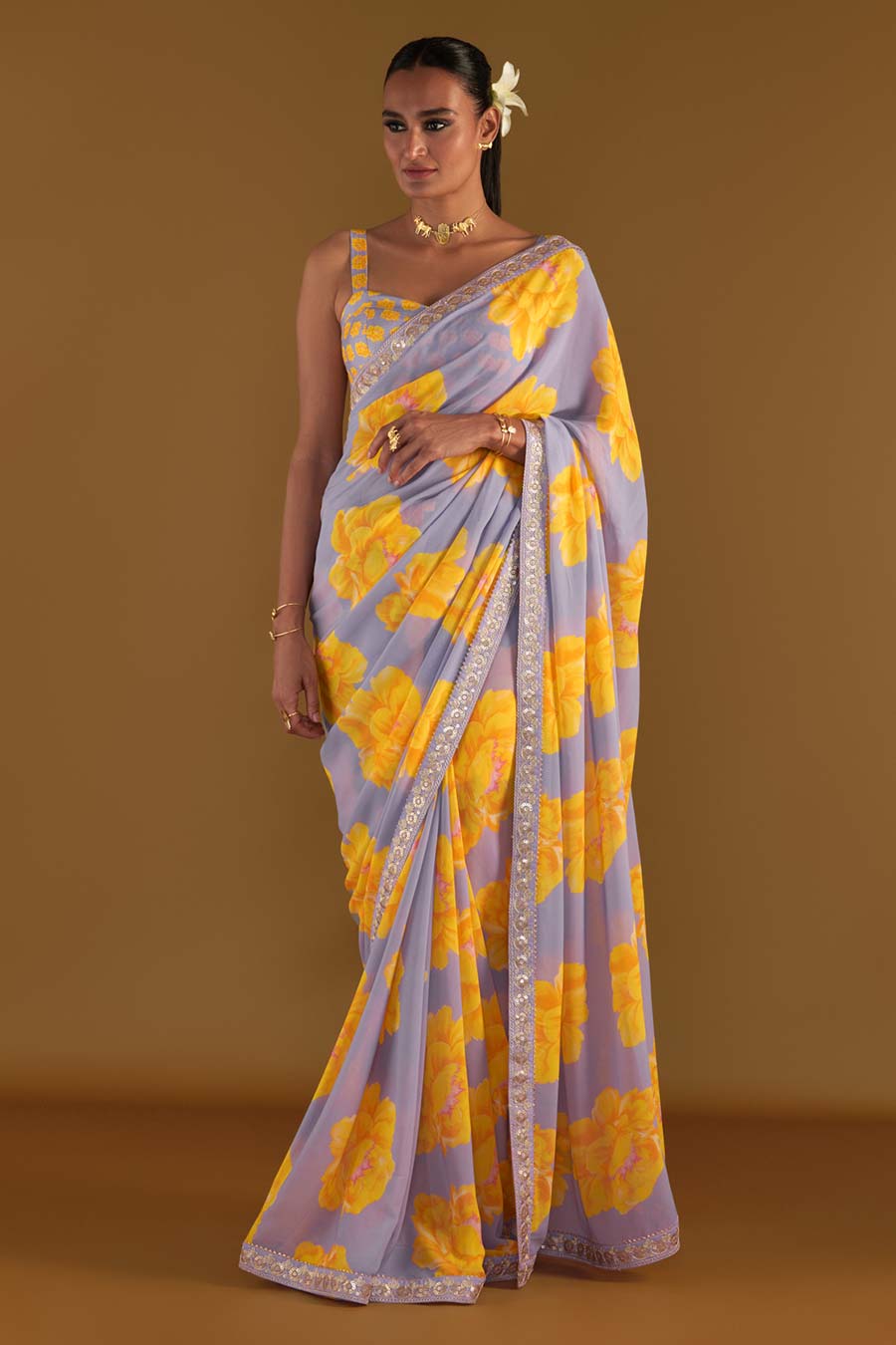 Lilac Sunshine Mimosas Embellished Saree & Blouse Piece