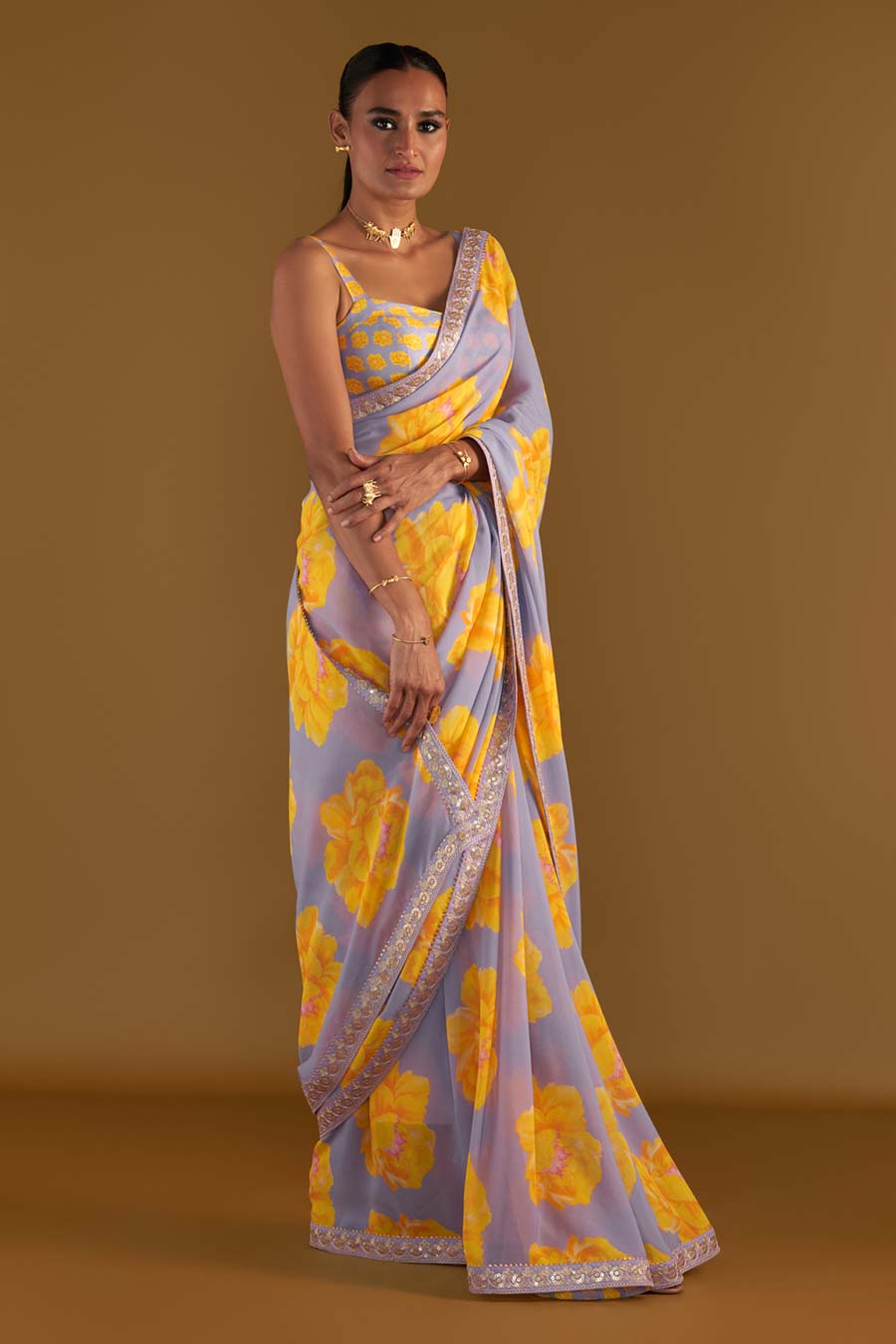 Lilac Sunshine Mimosas Embellished Saree & Blouse Piece