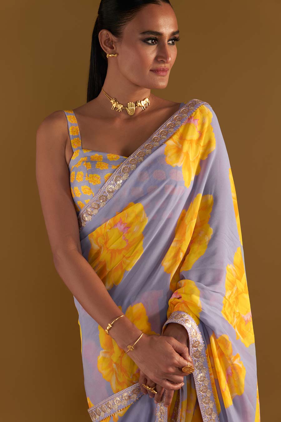 Lilac Sunshine Mimosas Embellished Saree & Blouse Piece