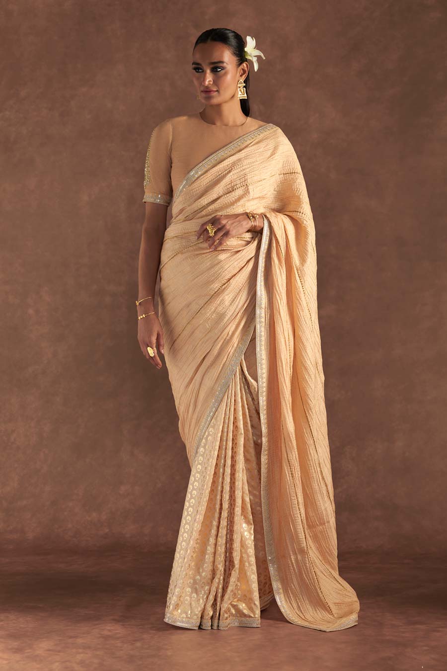 Beige Crushed Honeycomb Saree & Blouse Piece