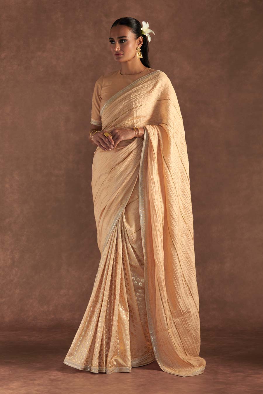 Beige Crushed Honeycomb Saree & Blouse Piece