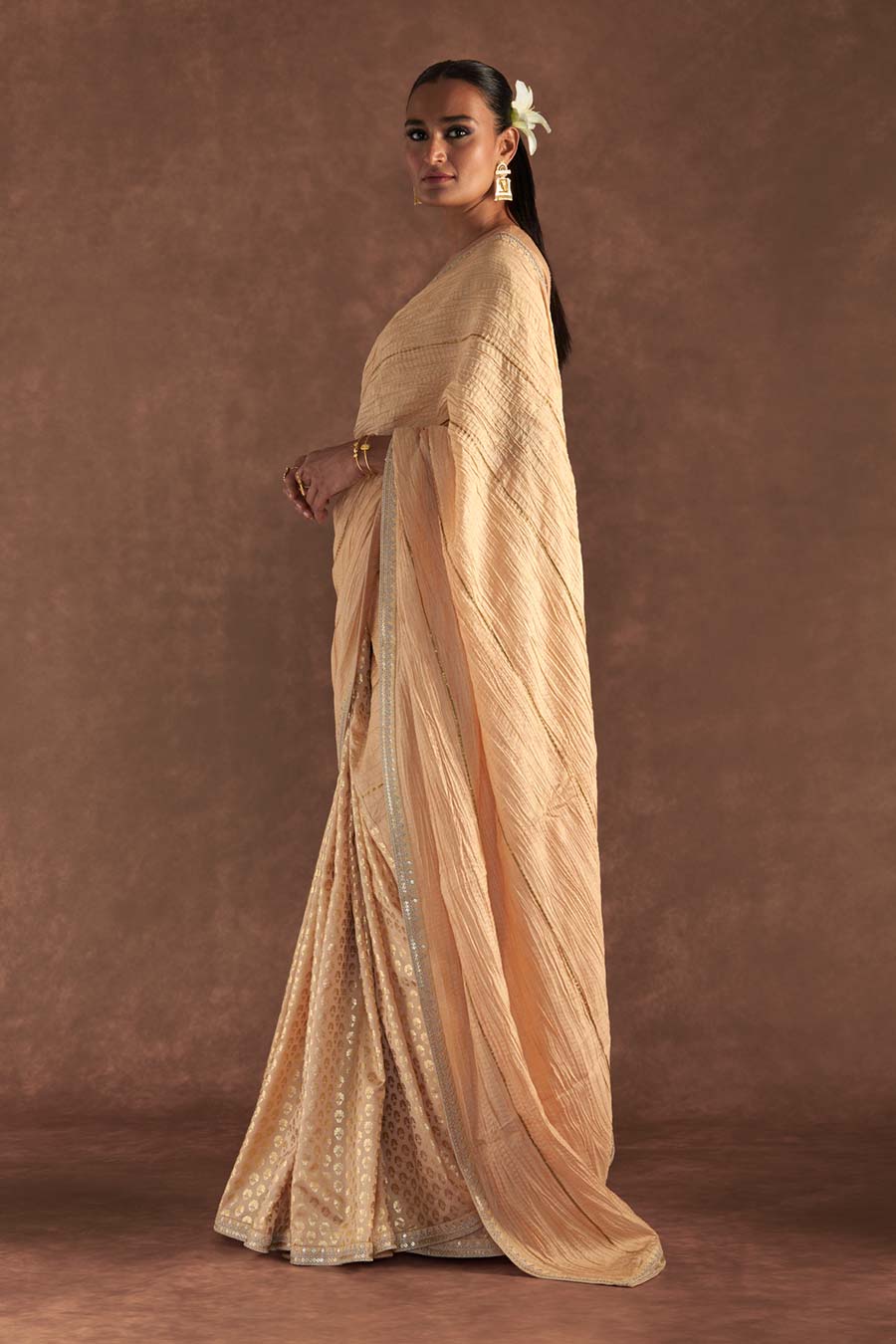 Beige Crushed Honeycomb Saree & Blouse Piece