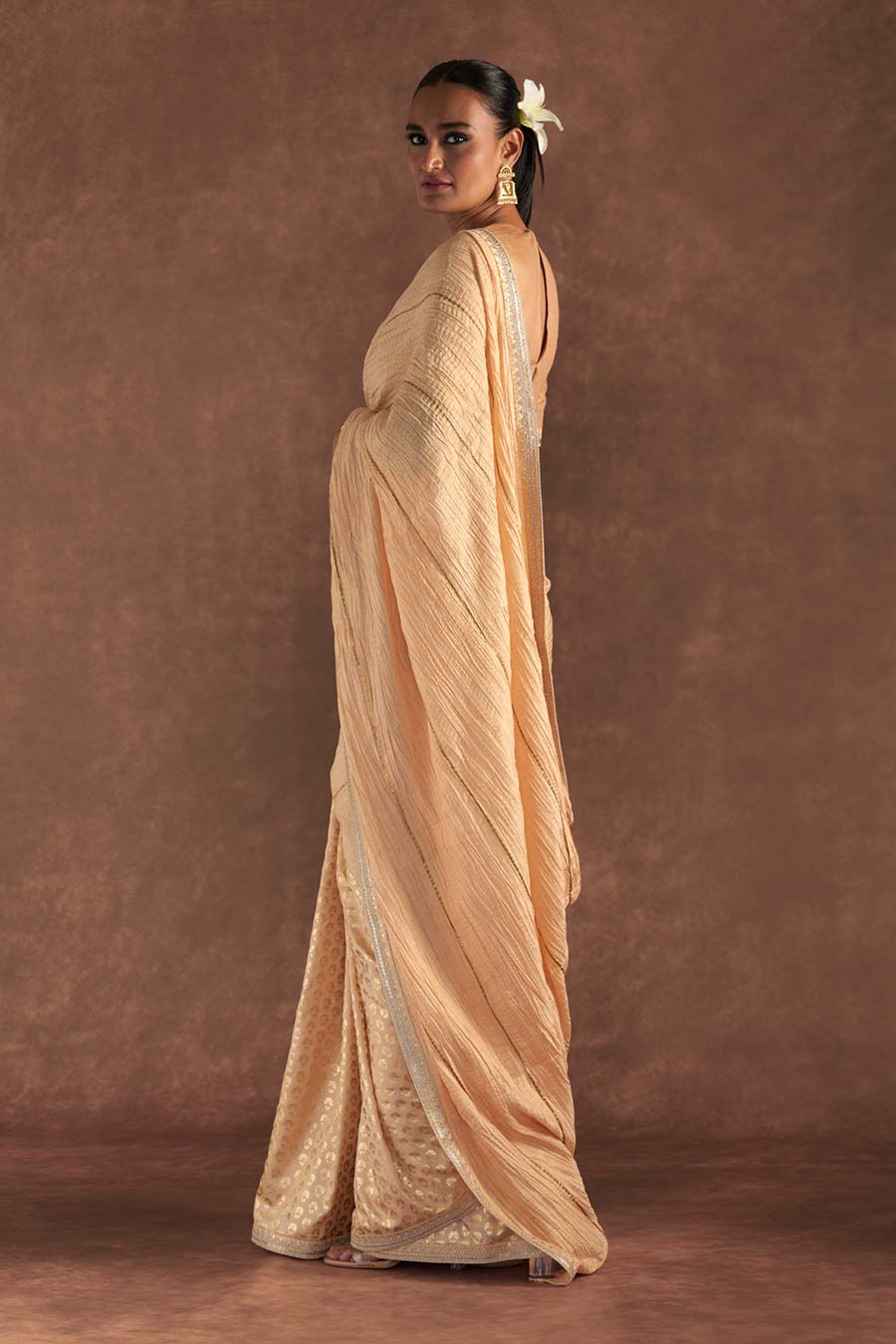 Beige Crushed Honeycomb Saree & Blouse Piece