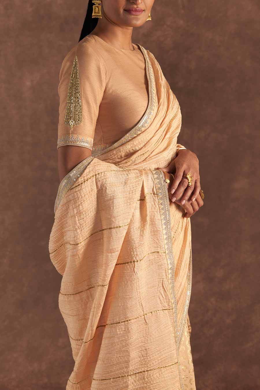 Beige Crushed Honeycomb Saree & Blouse Piece