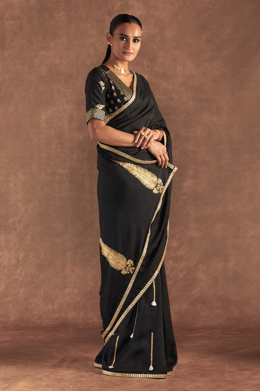 Black 'Paan-Patti' Embellished Saree & Blouse Piece