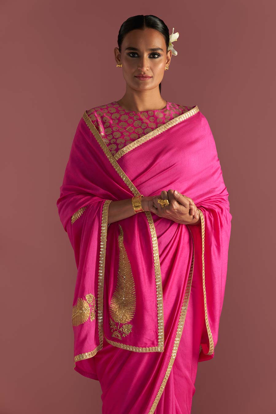 Magenta 'Paan-Patti' Embellished Saree & Blouse Piece