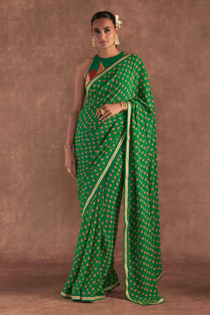 Shop Green Nectar Cup Embroidered Saree & Blouse Piece by MASABA