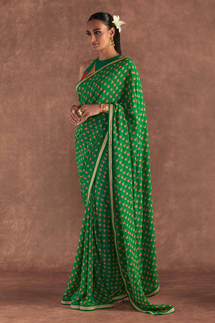 Green Nectar Cup Embroidered Saree & Blouse Piece