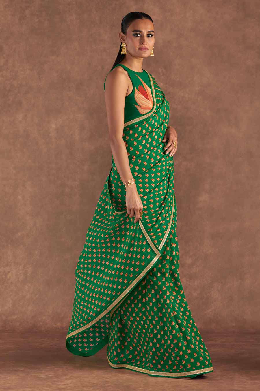 Green Nectar Cup Embroidered Saree & Blouse Piece