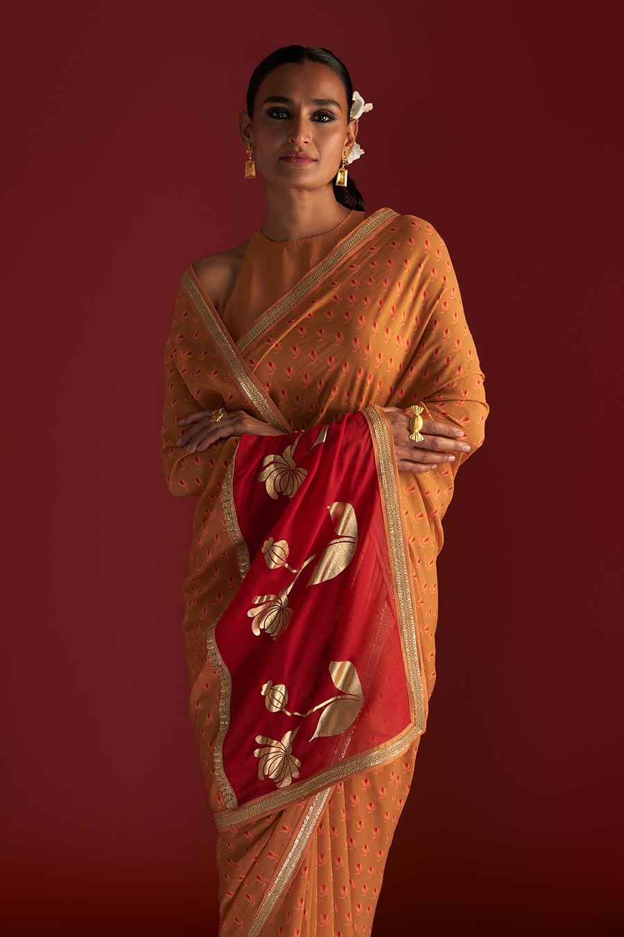 Caramel Nectar Cup Embroidered Saree & Blouse Piece