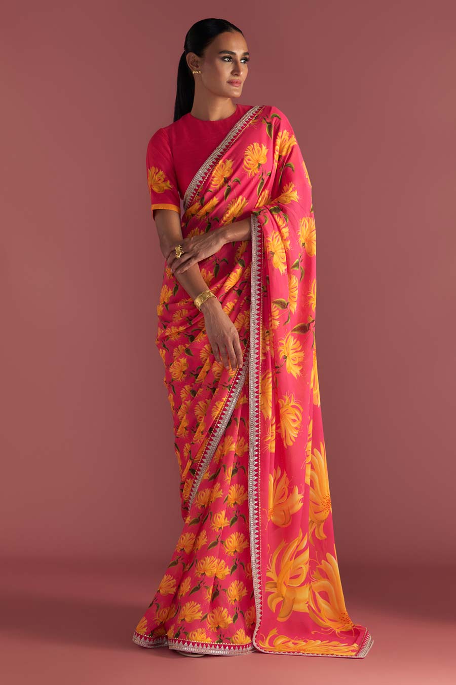 Berry Pink Mist Embroidered Saree & Blouse Piece