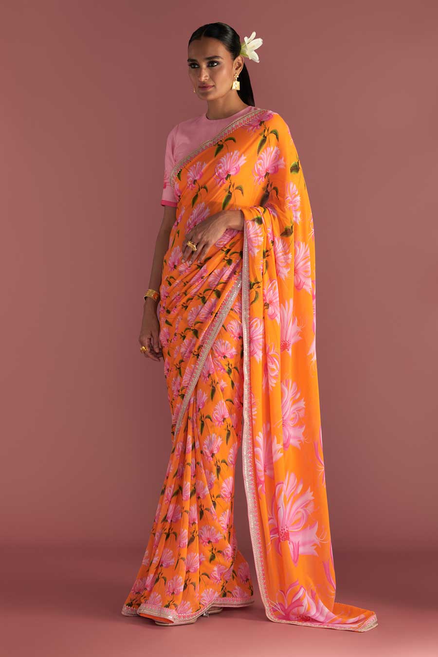 Orange Mist Embroidered Saree & Blouse Piece